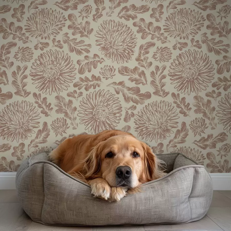 Fototapeta Chryzantemy i liście dębu w delikatnym beżowo-brązowym kolorze a00840 kup w Polsce - Uwalls.pl Fototapeta Chryzantemy i liście dębu w delikatnym beżowo-brązowym kolorze a00840