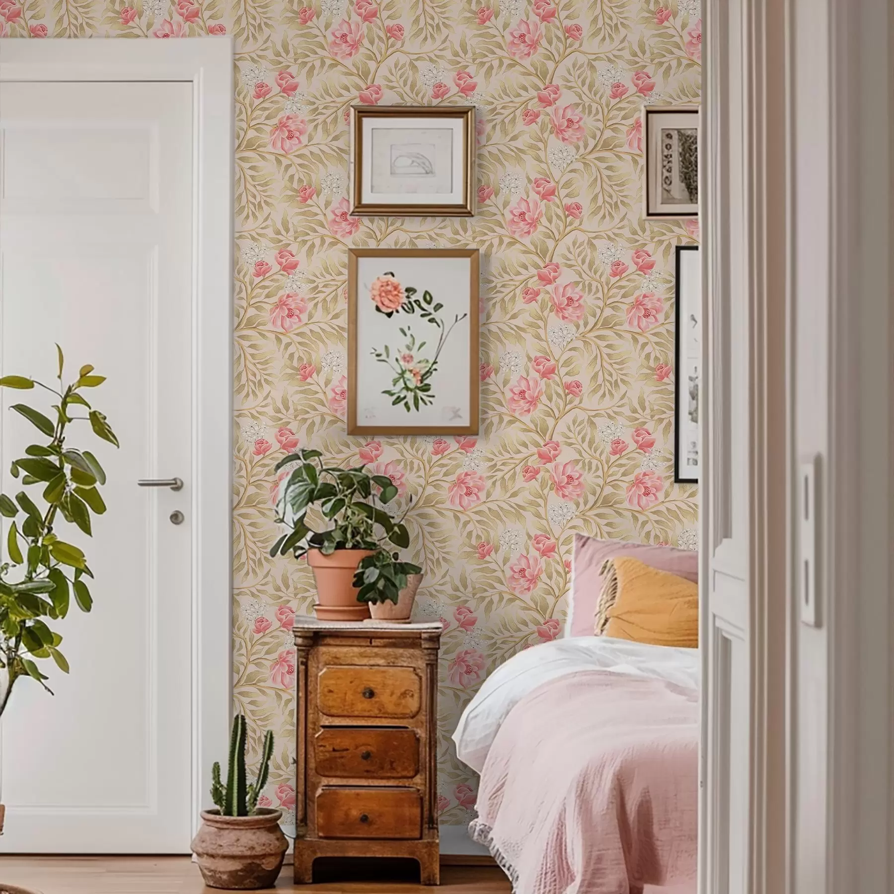 Fototapeta Różowe kwiaty, białe kwiaty i liście w odcieniach ochry a00855