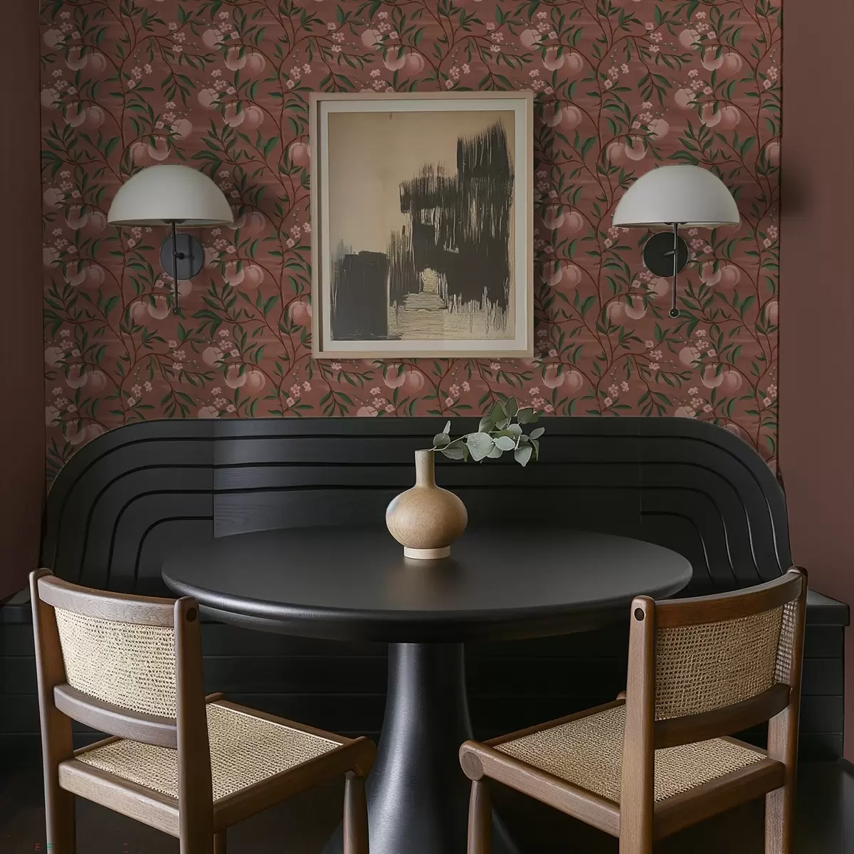 Tapeta Brzoskwinie na gałęziach z różowymi kwiatami, terakotowa ziemia a00856