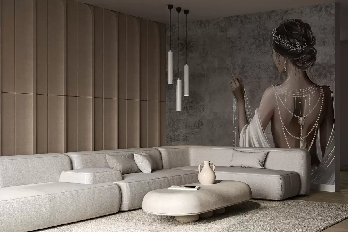 Fototapeta Kobieta widziana od tyłu z perłami, szare tło z wzorem kamienia w04854 kup w Polsce - Uwalls.pl Fototapeta Kobieta widziana od tyłu z perłami, szare tło z wzorem kamienia w04854