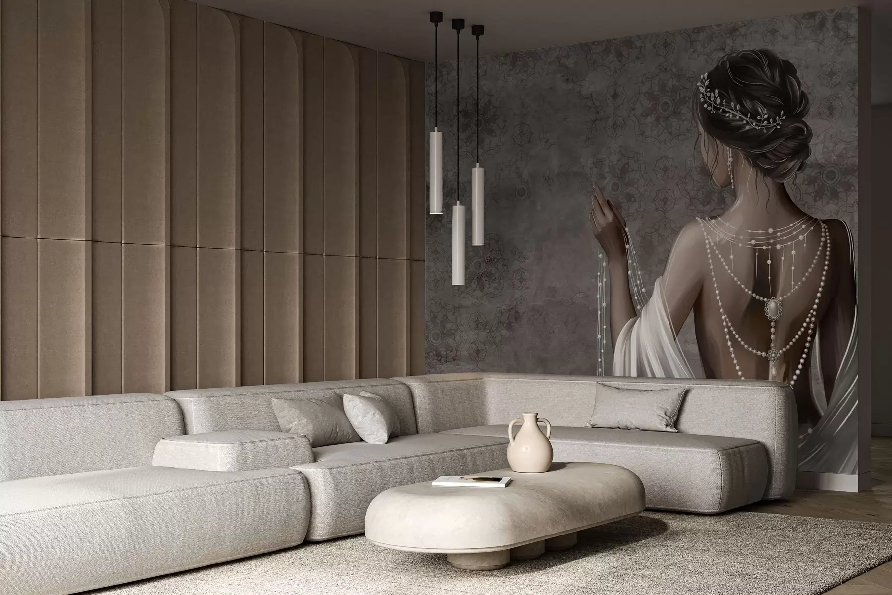 Fototapeta Kobieta widziana od tyłu z perłami, szare tło z wzorem kamienia w04854 kup w Polsce - Uwalls.pl Fototapeta Kobieta widziana od tyłu z perłami, szare tło z wzorem kamienia w04854