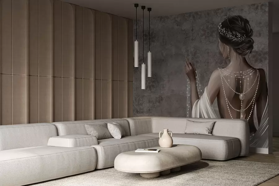 Fototapeta Kobieta widziana od tyłu z perłami, szare tło z wzorem kamienia w04854