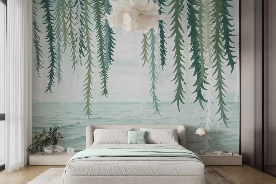 Fototapeta Delikatne pnącza zwisające nad wodą w stylu akwareli w04830