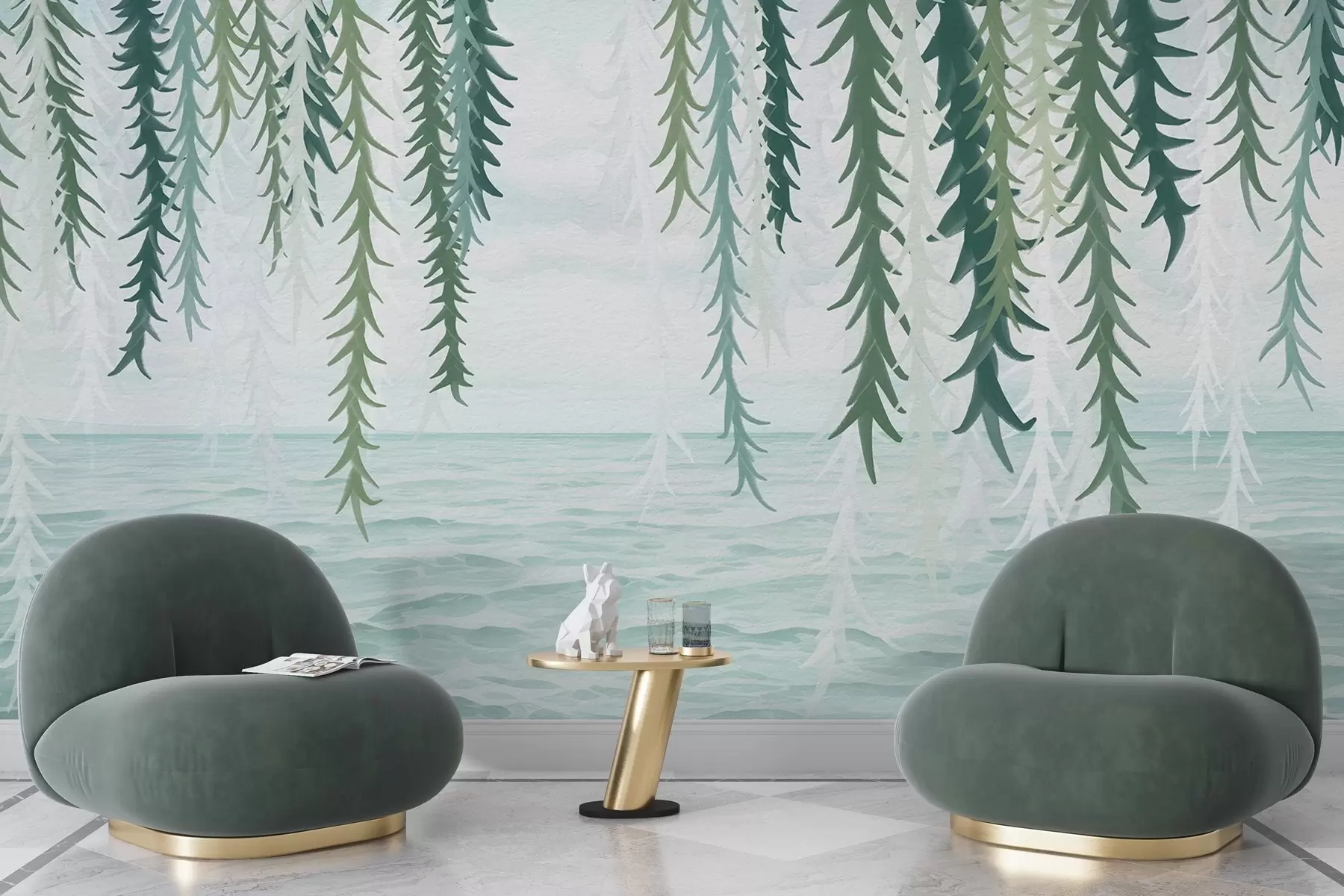 Fototapeta Delikatne pnącza zwisające nad wodą w stylu akwareli w04830