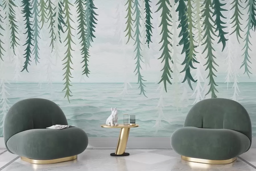 Fototapeta Delikatne pnącza zwisające nad wodą w stylu akwareli w04830