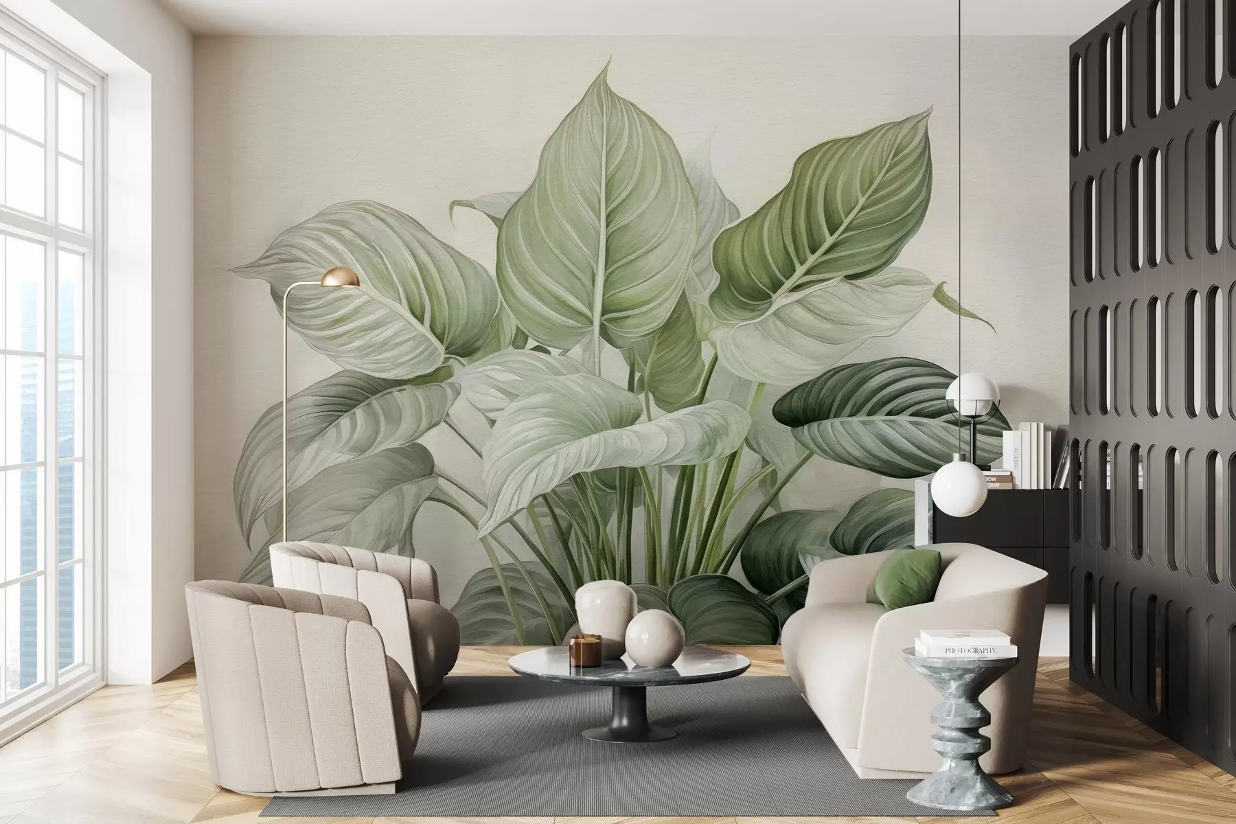 Fototapeta Bujny krzew zielonych liści na ścianie w04835