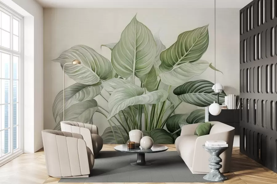 Fototapeta Bujny krzew zielonych liści na ścianie w04835