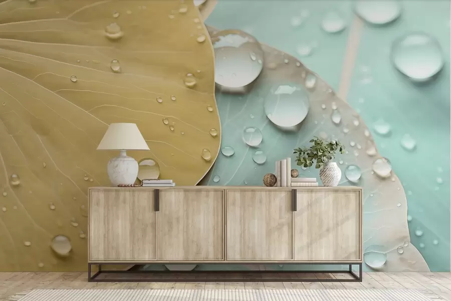 Fototapeta Krople wody na liściach – makro akwarela w04838v1