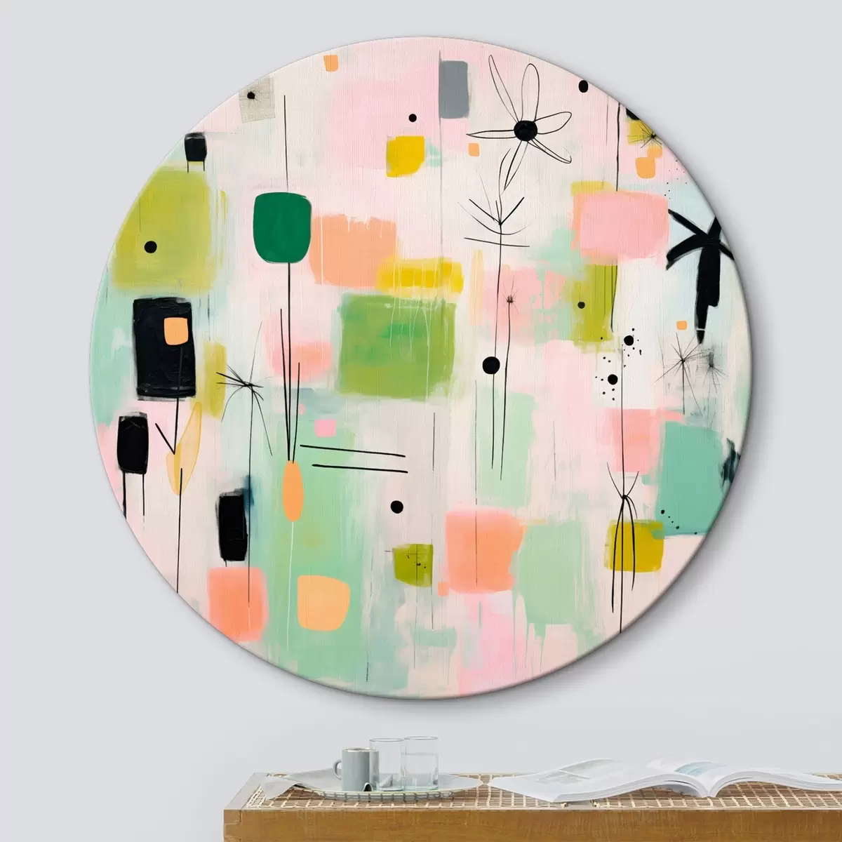 Okrągłe obrazy Abstrakcyjne kwiaty, lekka kompozycja w stylu olejnym r46325