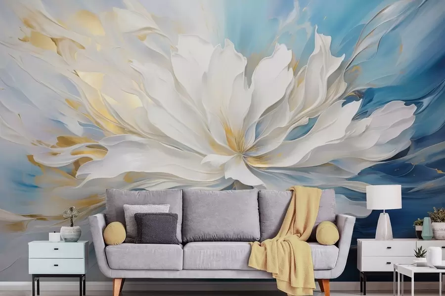 Fototapeta Duża biała piwonia w stylu malarstwa olejnego na niebiesko-żółtym tle w09511