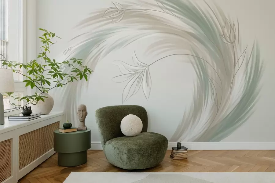 Fototapeta zielone i beżowe pióra i kwiaty, ręcznie malowane w04816