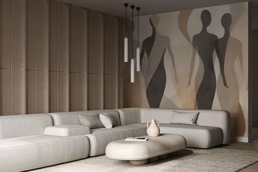 Fototapeta Sylwetki postaci i delikatne fale w ciepłych odcieniach beżowo-szarych w04787