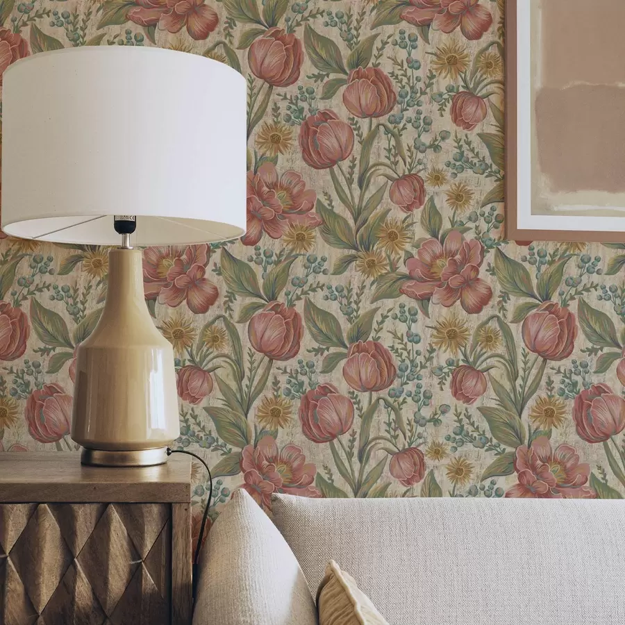 Fototapeta Vintage tulipany i astry, teksturowane kremowe tło a00773