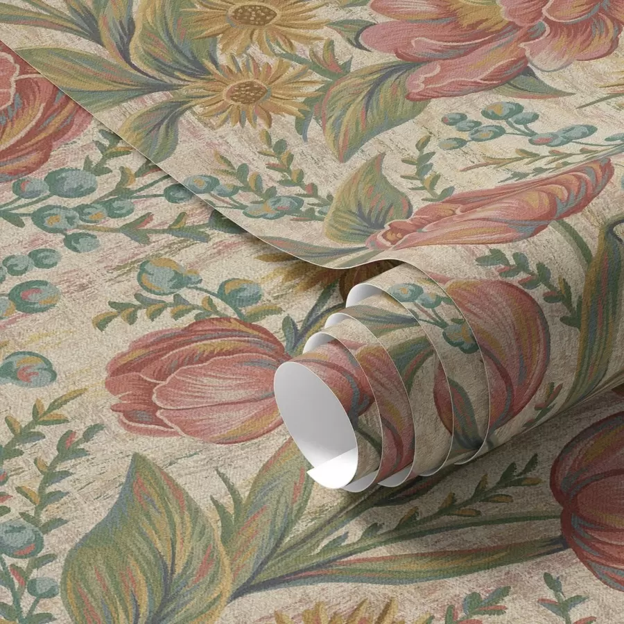 Fototapeta Vintage tulipany i astry, teksturowane kremowe tło a00773