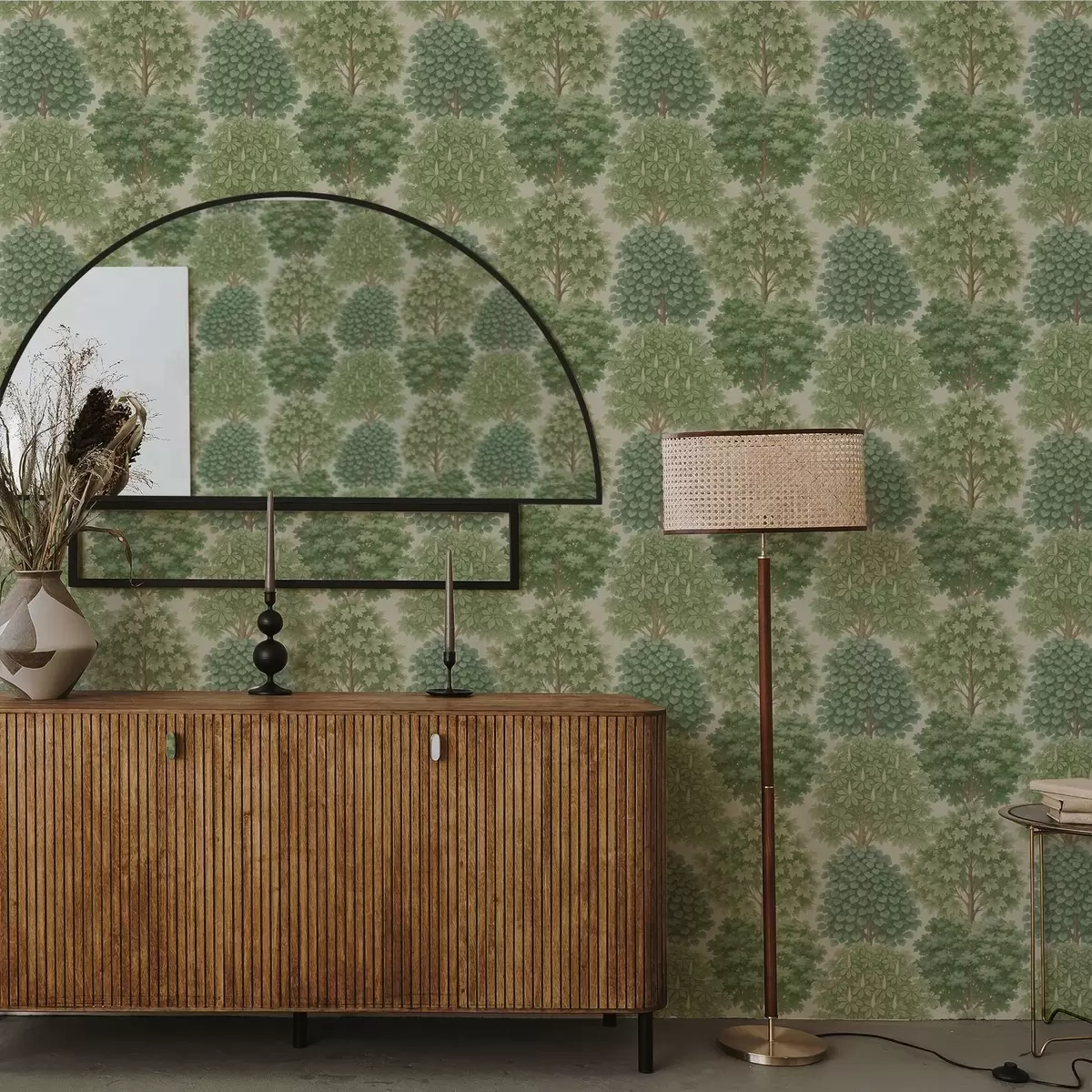 Tapeta Ogród drzew w delikatnych odcieniach zieleni na jasnym tle a00775