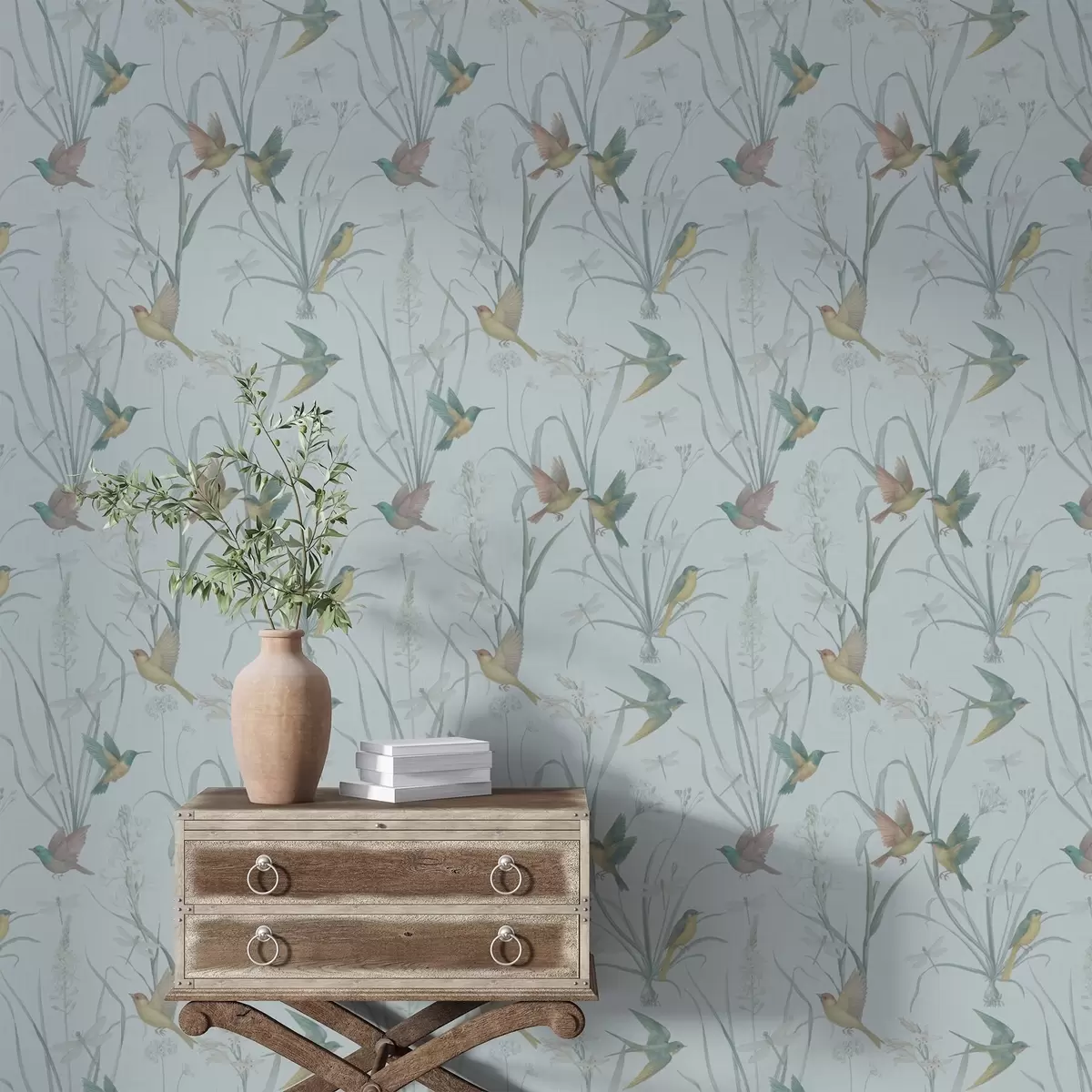 Tapeta Ptaki wśród traw łąkowych na szaro-niebieskim tle a00776