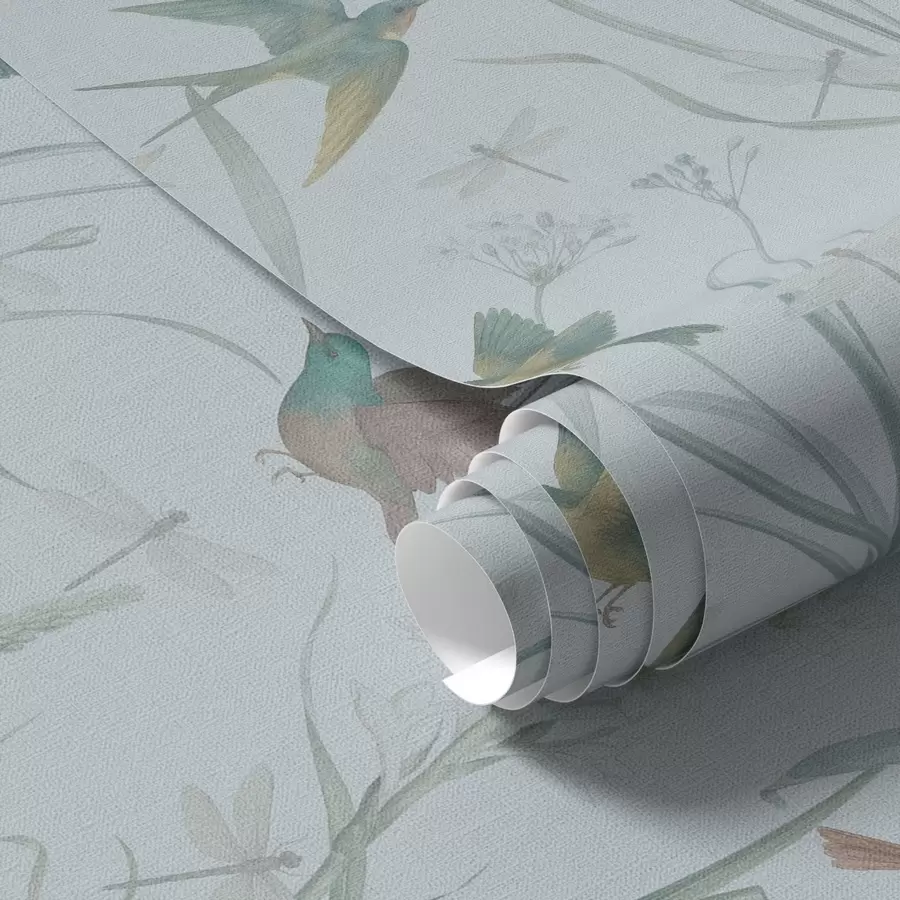 Fototapeta Ptaki wśród traw łąkowych na szaro-niebieskim tle a00776