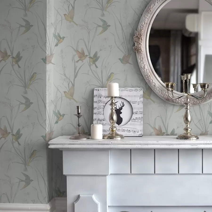 Fototapeta Ptaki wśród traw łąkowych na jasnoszarym tle a00776v1