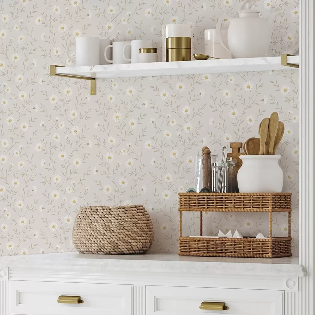 Tapeta Małe stokrotki na gałązkach, ciepły beż a00777