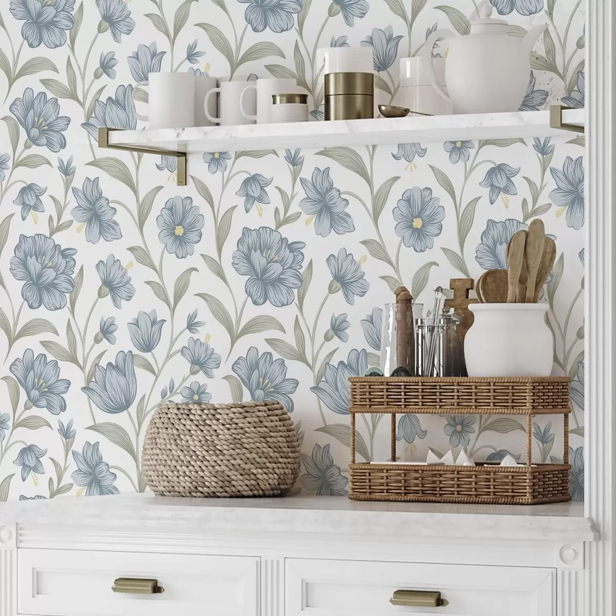 Tapeta Zadymione niebieskie kwiaty z oliwkowymi liśćmi na białym tle a00780