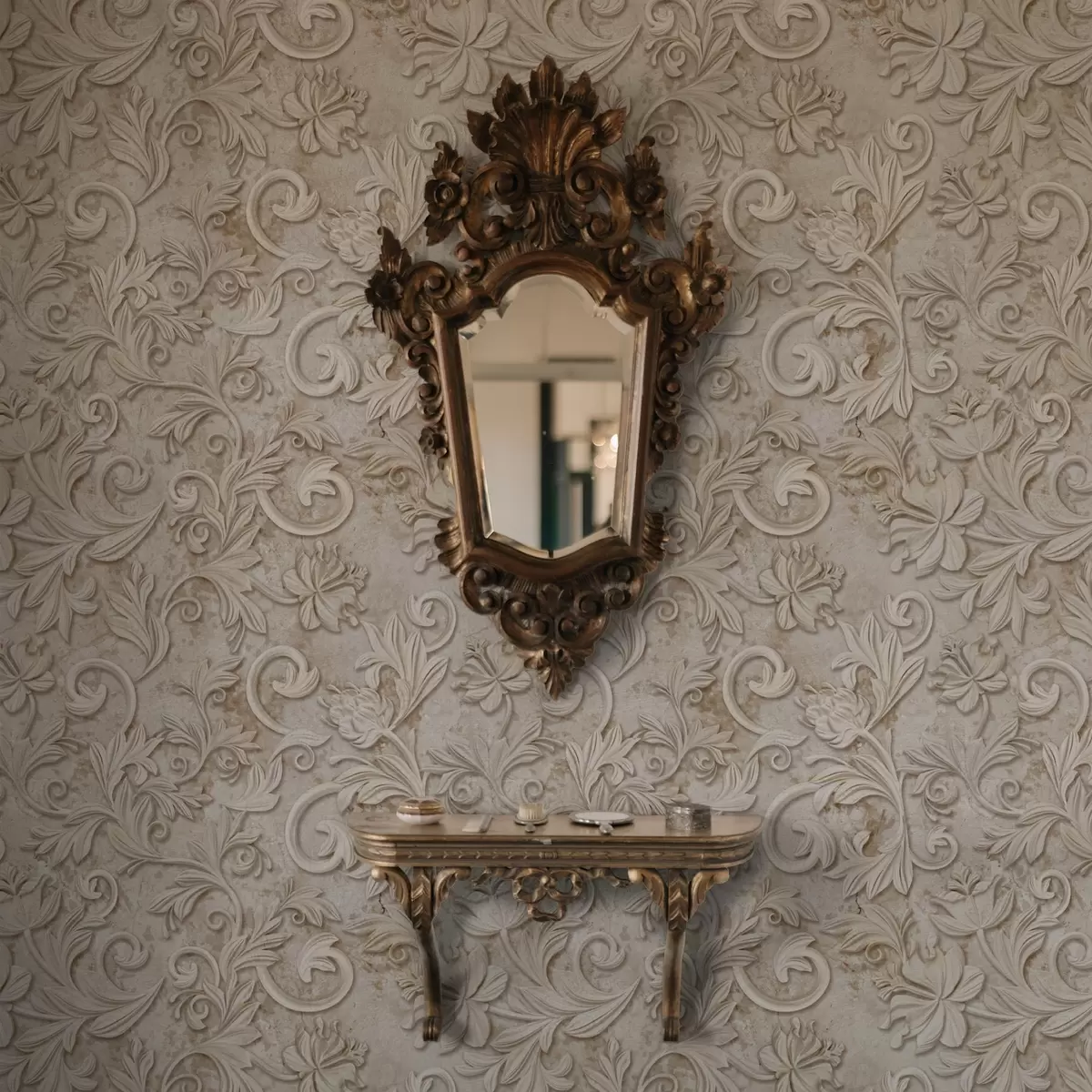 Tapeta Kamienna płaskorzeźba z kwiatowymi ornamentami, vintage beż a00784