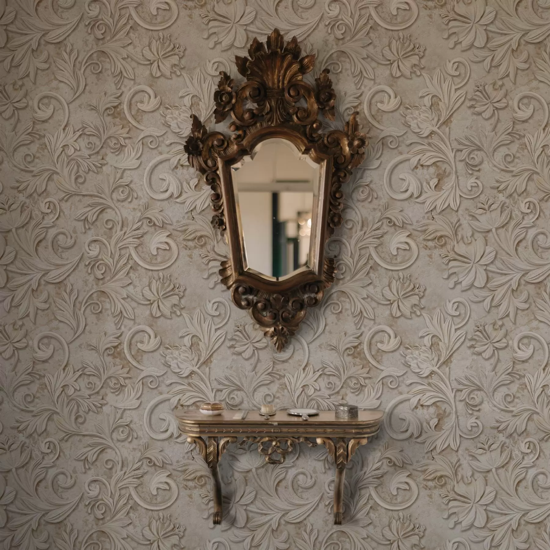 Fototapeta Kamienna płaskorzeźba z kwiatowymi ornamentami, vintage beż a00784