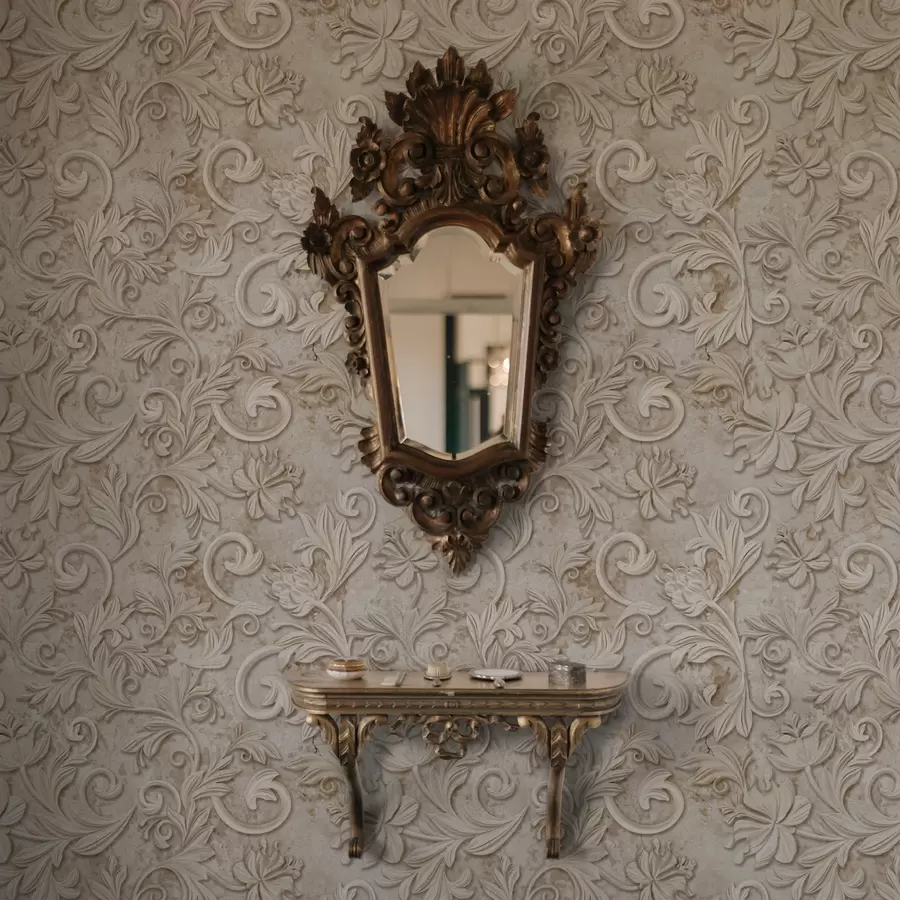 Fototapeta Kamienna płaskorzeźba z kwiatowymi ornamentami, vintage beż a00784