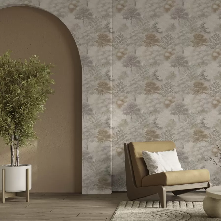 Fototapeta Delikatny las we mgle, delikatne beżowo-szare odcienie a00785