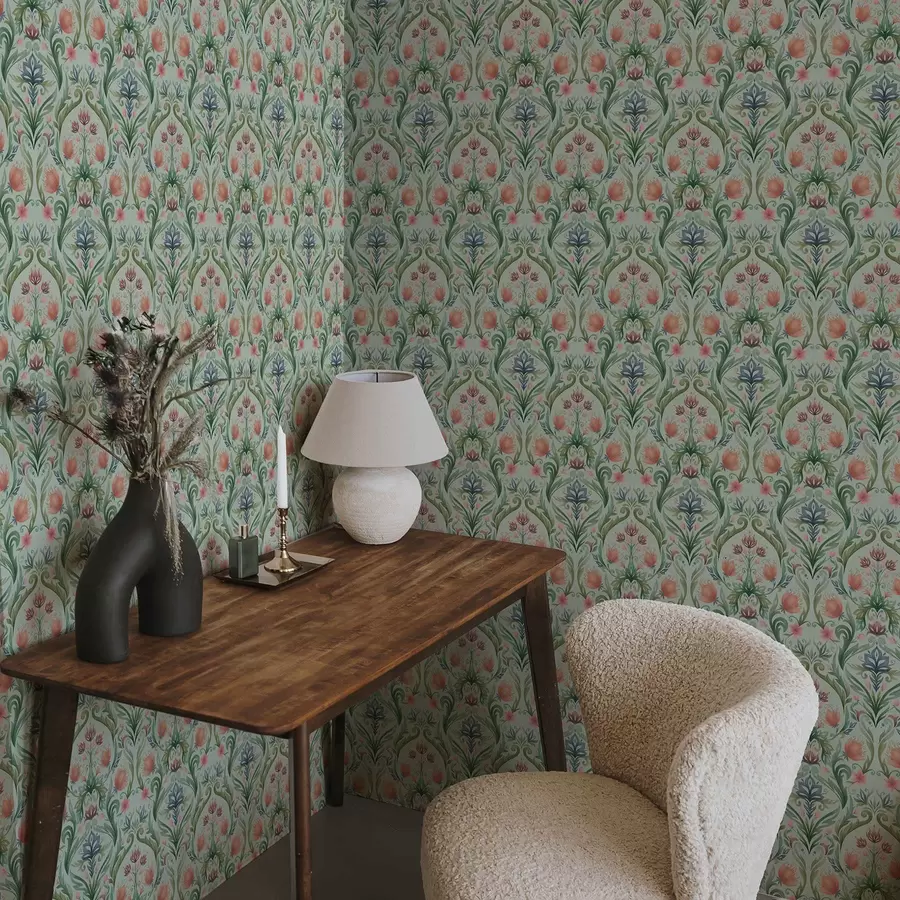 Fototapeta Symetryczny ornament kwiatowy, paleta kolorów miętowo-kremowych a00827v1