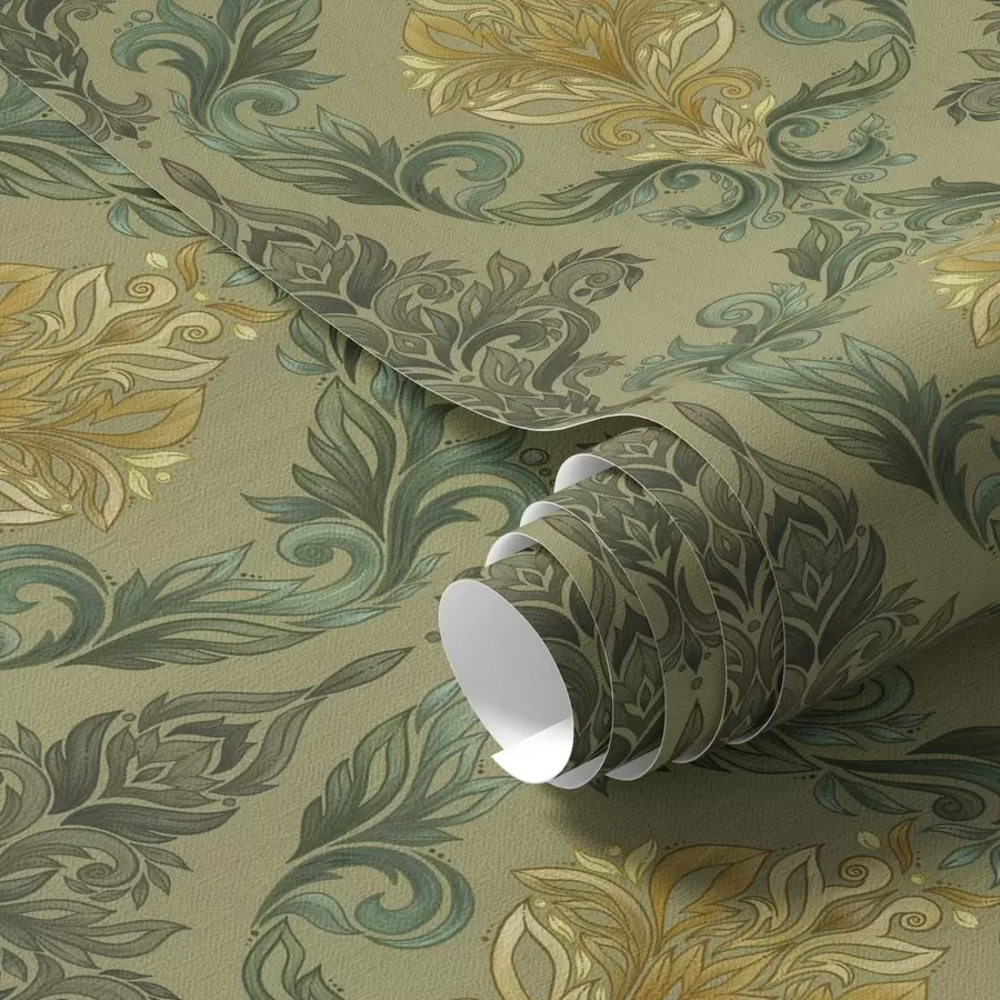 Fototapeta Damaszek z roślinnymi wzorami, paleta kolorów oliwkowo-ochrowych a00828