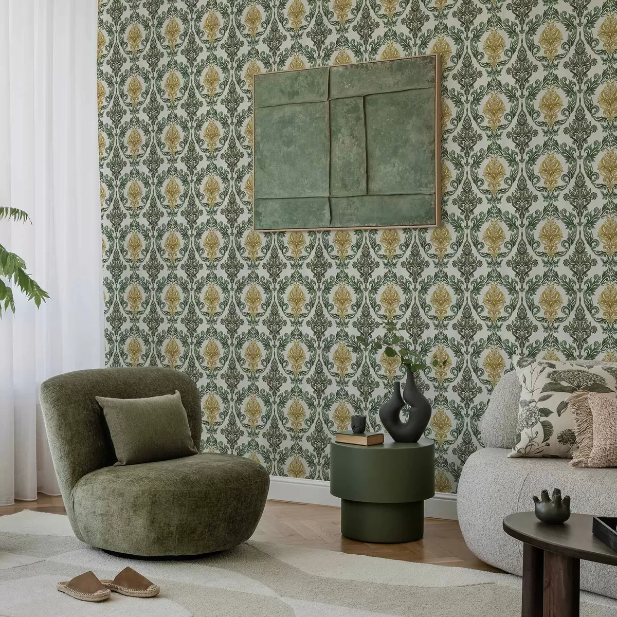 Tapeta Damaszek z zielonymi zawijasami na jasnym tle a00828v1