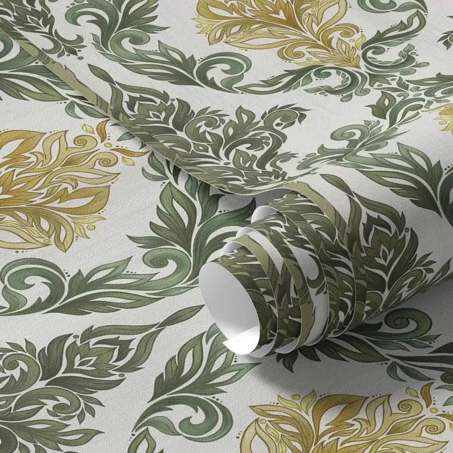 Fototapeta Damaszek z zielonymi zawijasami na jasnym tle a00828v1