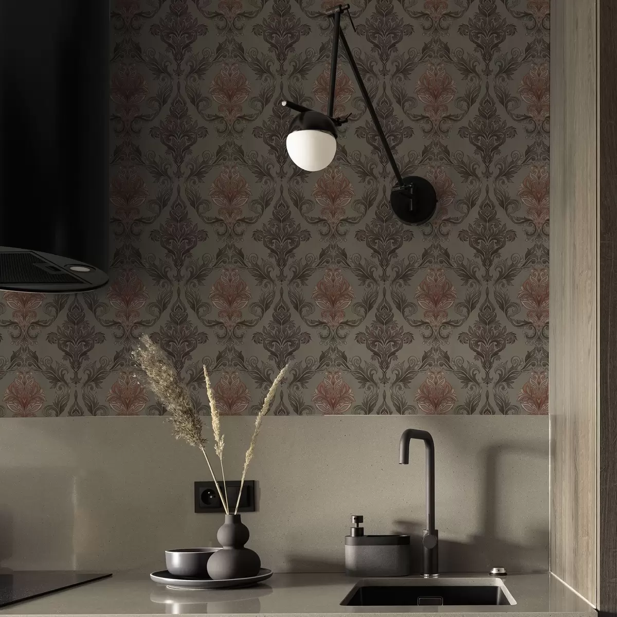 Tapeta Terakota adamaszkowa na stonowanym oliwkowym tle a00828v3