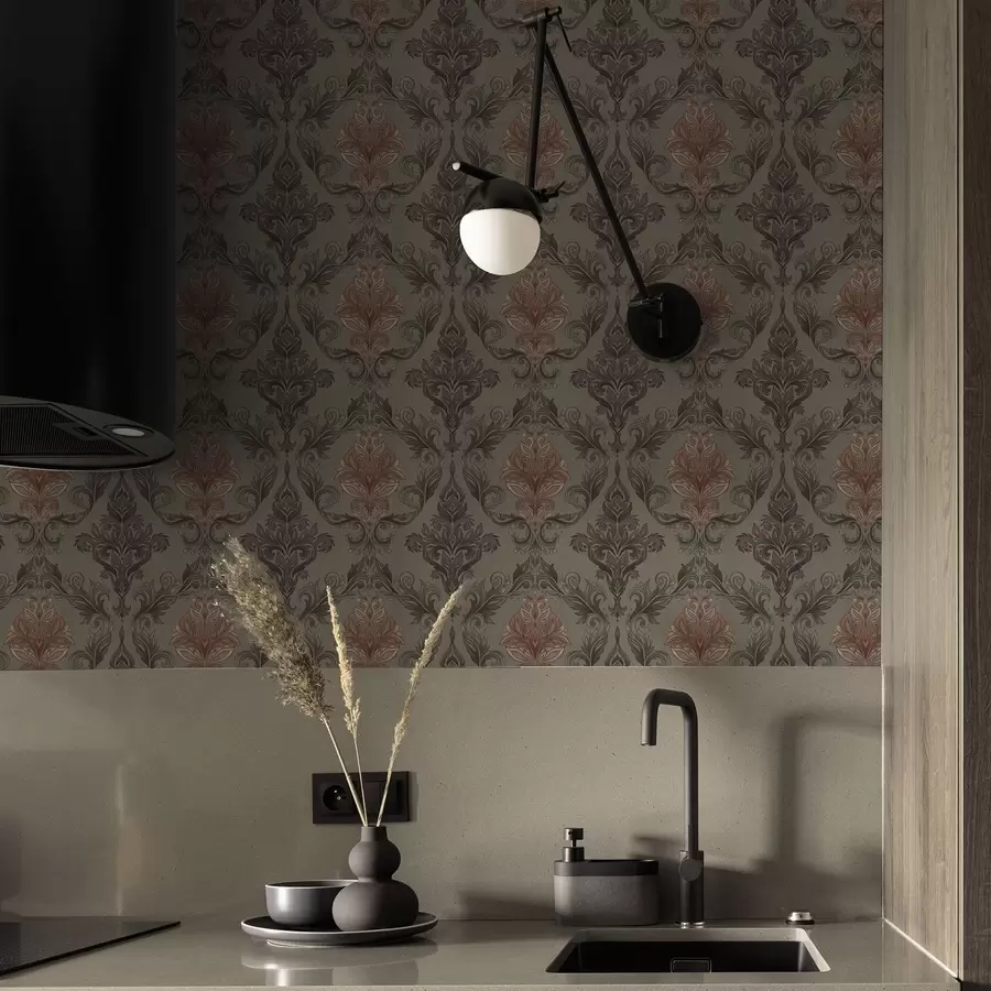 Fototapeta Terakota adamaszkowa na stonowanym oliwkowym tle a00828v3