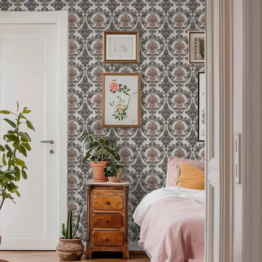 Fototapeta Damaszek z miedziano-brązowymi akcentami na jasnym tle a00828v4