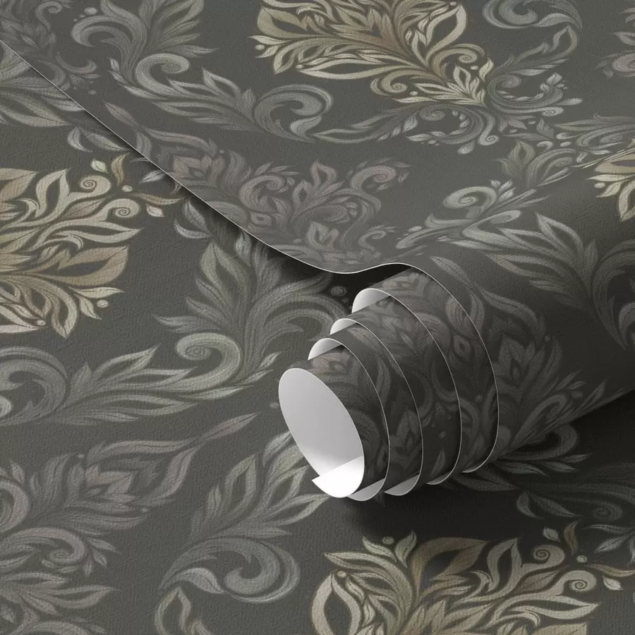 Fototapeta Damaszek na ciemnym grafitowym tle, akcenty w kolorze oliwkowo-ochry a00828v5