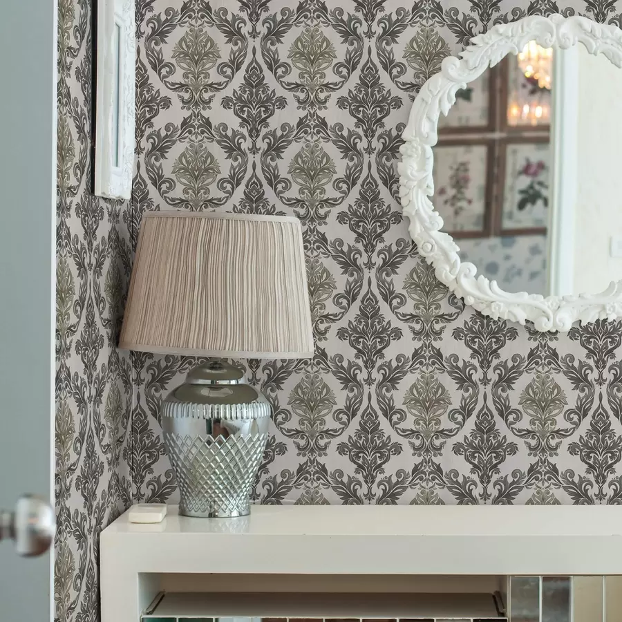 Fototapeta Damaszek na jasnym tle, akcenty w kolorze oliwkowo-brązowym a00828v6