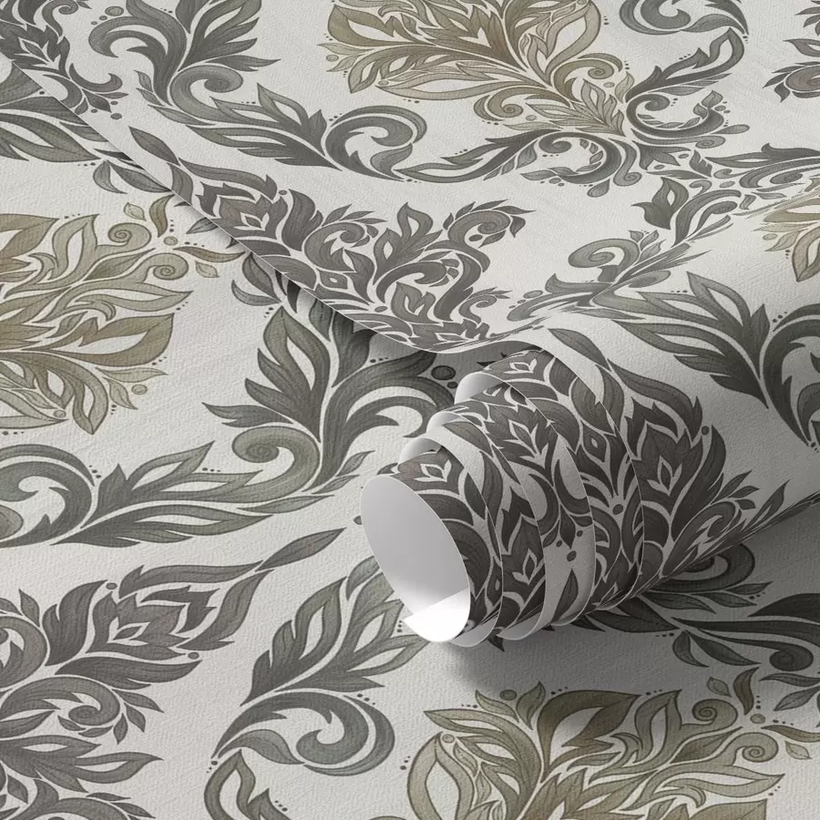 Fototapeta Damaszek na jasnym tle, akcenty w kolorze oliwkowo-brązowym a00828v6