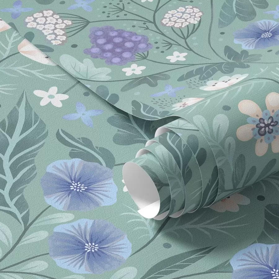 Fototapeta Kwiaty polne i jagody na delikatnym miętowym tle a00849