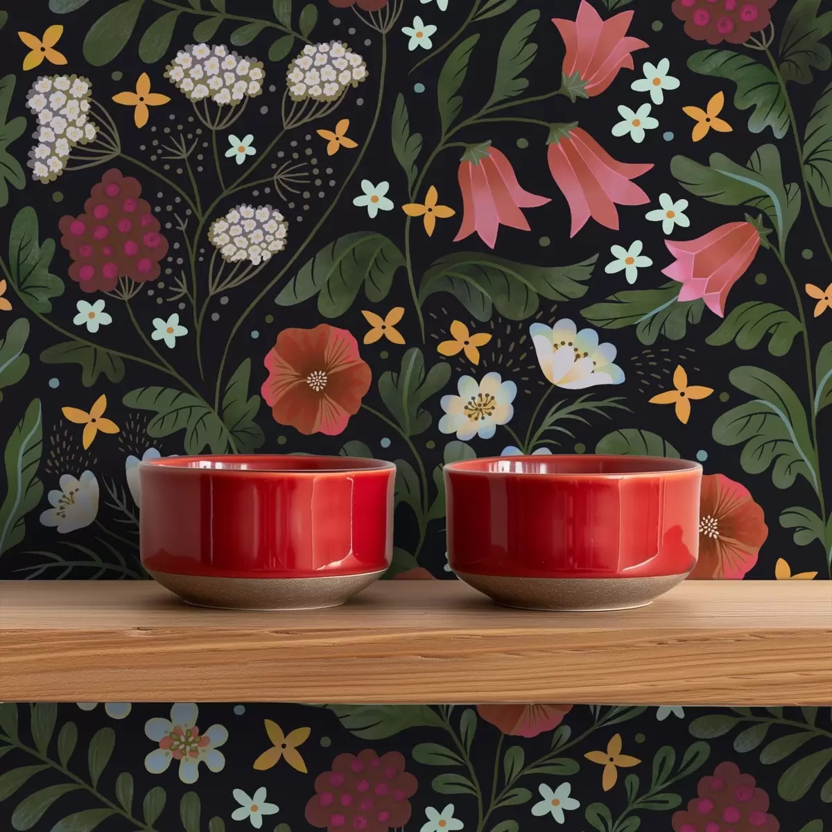 Tapeta Dzikie kwiaty i jagody na głębokim czarnym tle a00849v3