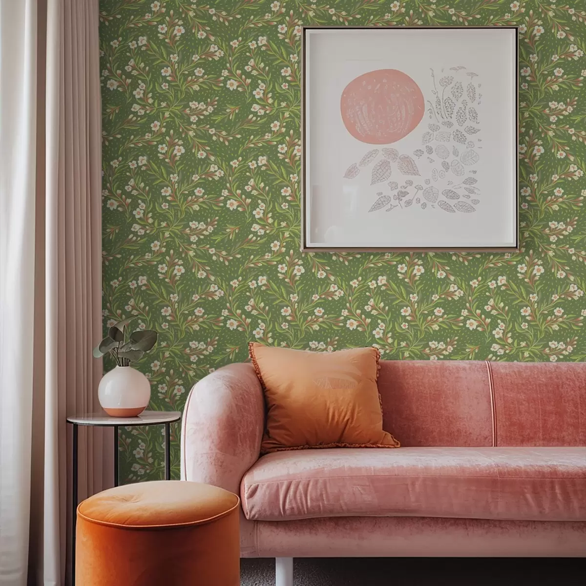 Fototapeta Rozłożyste gałęzie z kremowymi kwiatami na oliwkowym tle a00850