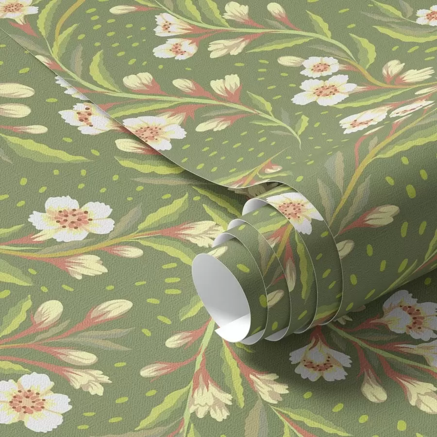 Fototapeta Rozłożyste gałęzie z kremowymi kwiatami na oliwkowym tle a00850