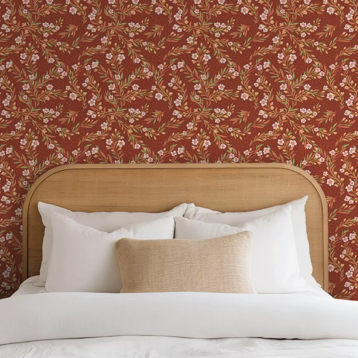 Tapeta Rozłożyste gałęzie z białymi kwiatami na tle terakoty a00850v1