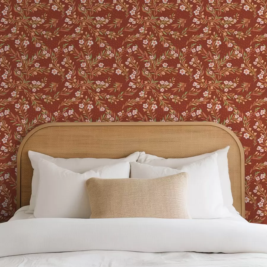 Fototapeta Rozłożyste gałęzie z białymi kwiatami na tle terakoty a00850v1