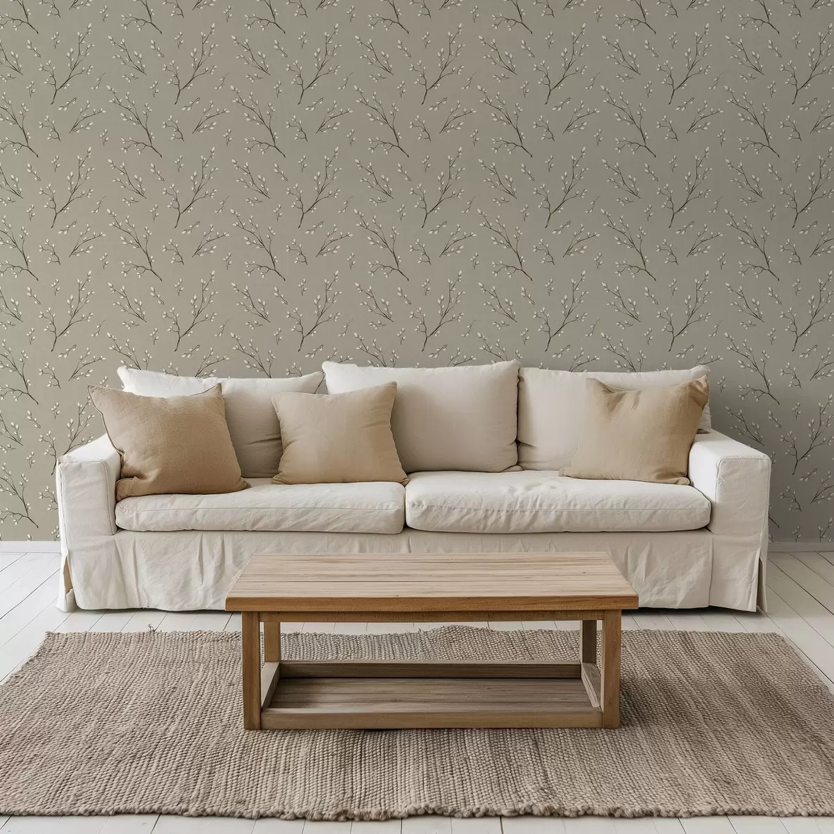 Fototapeta Gałązki z białymi pąkami na tle w kolorze szarym a00861