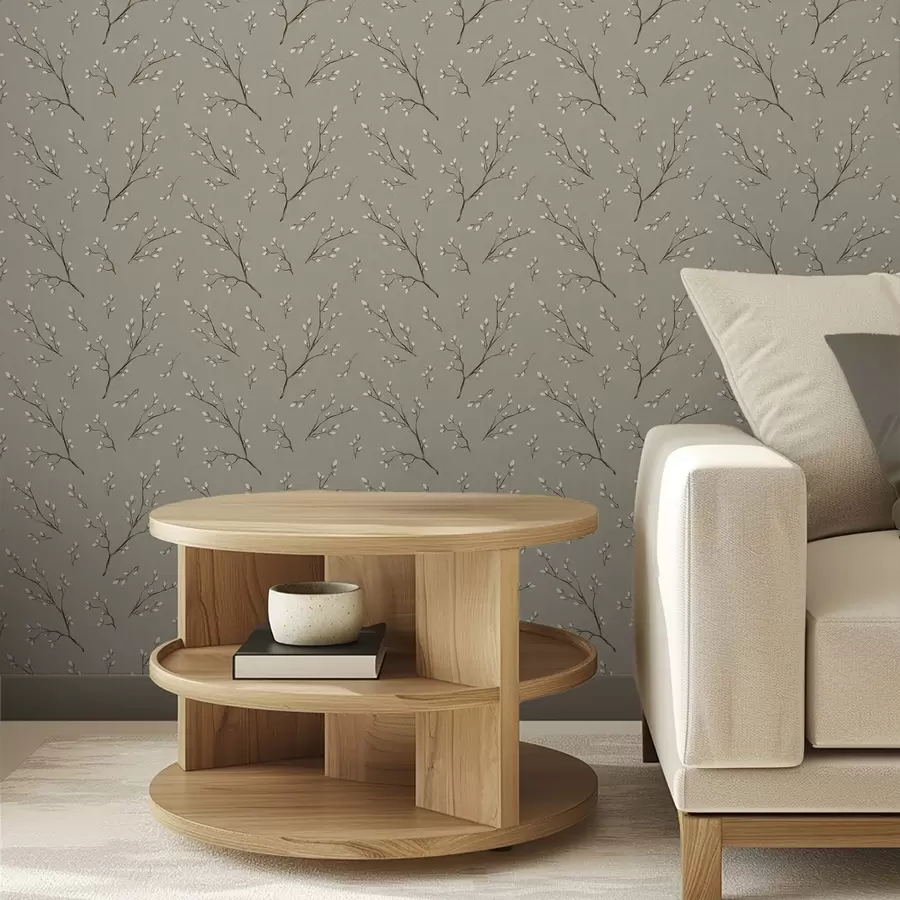 Fototapeta Gałązki z białymi pąkami na tle w kolorze szarym a00861