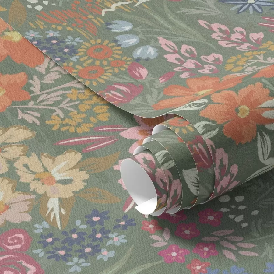 Fototapeta Malarskie kwiaty łąkowe na szałwiowej zieleni a00864