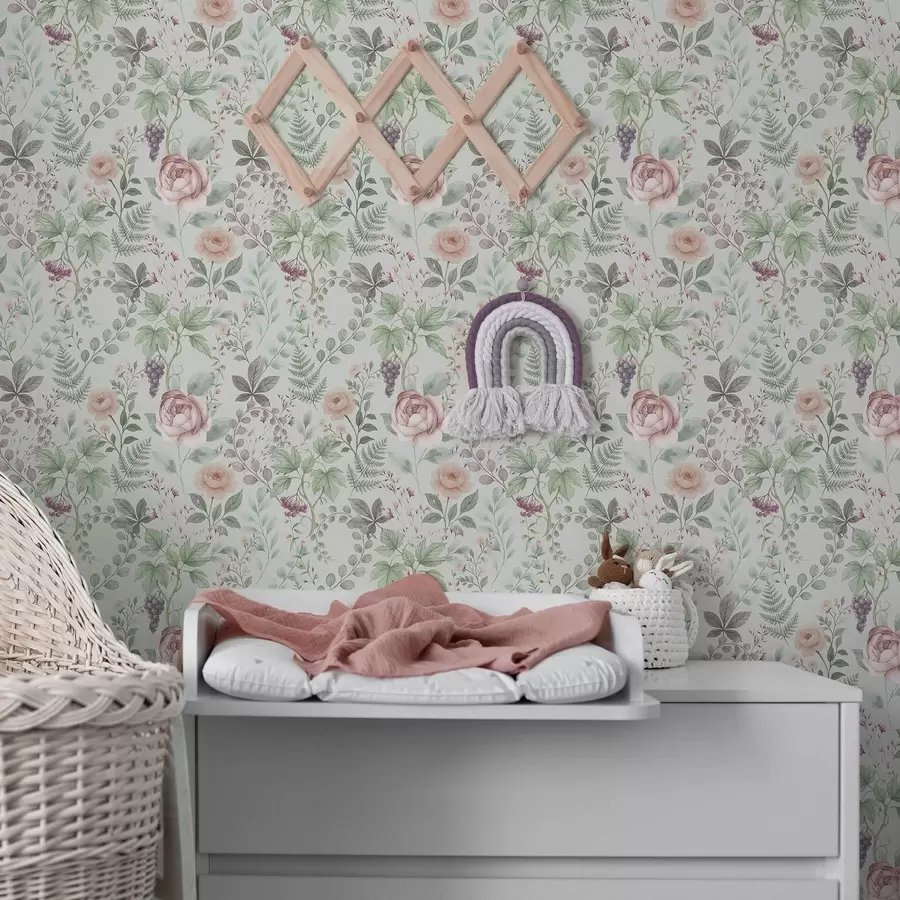 Fototapeta Pastelowy ogród z różami, paprociami i winogronami a00867