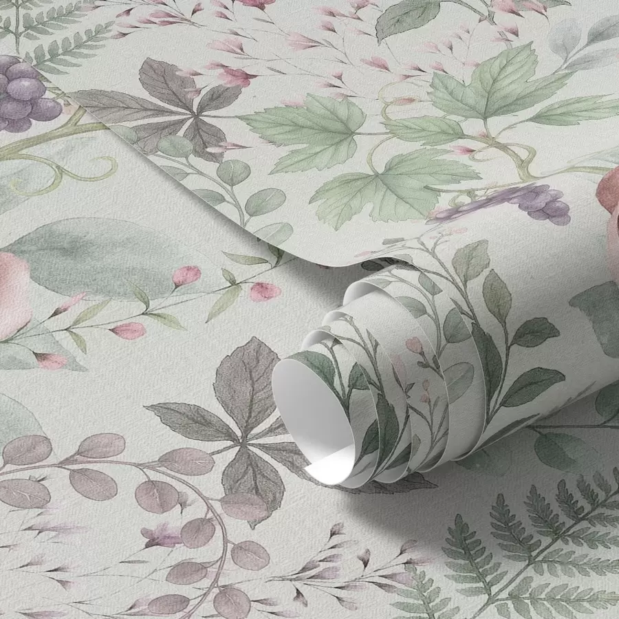 Fototapeta Pastelowy ogród z różami, paprociami i winogronami a00867