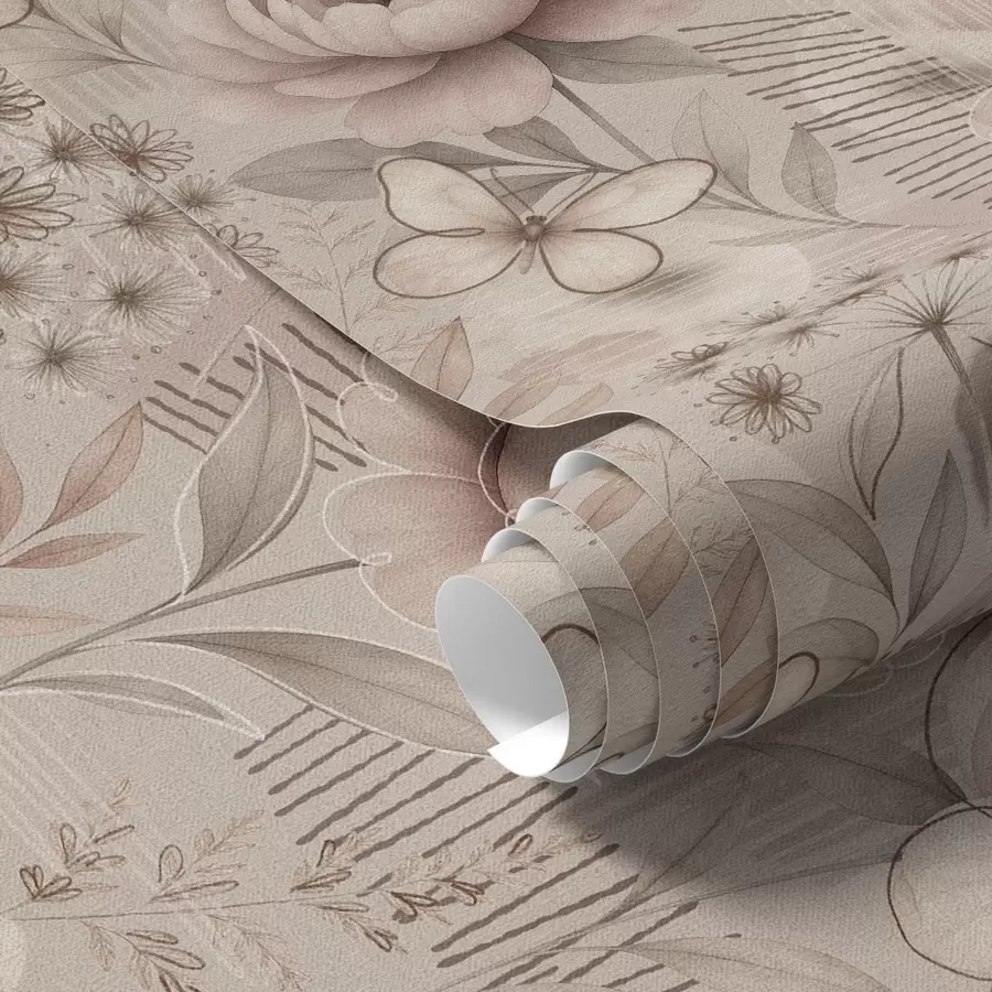 Fototapeta Sepia beżowe kwiaty z motylami i liniowymi akcentami a00870